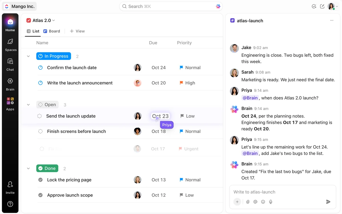 ClickUp's product image from its homepage: a task board with Open, In Progress and Done columns beside a chat thread with its AI assistant.