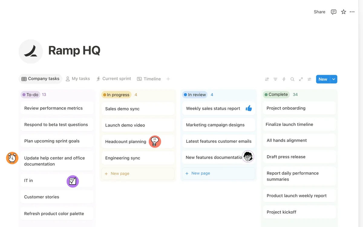 Notion's product image from its homepage: a company workspace page, Ramp HQ, with a board of tasks in To-do, In progress, In review and Complete.