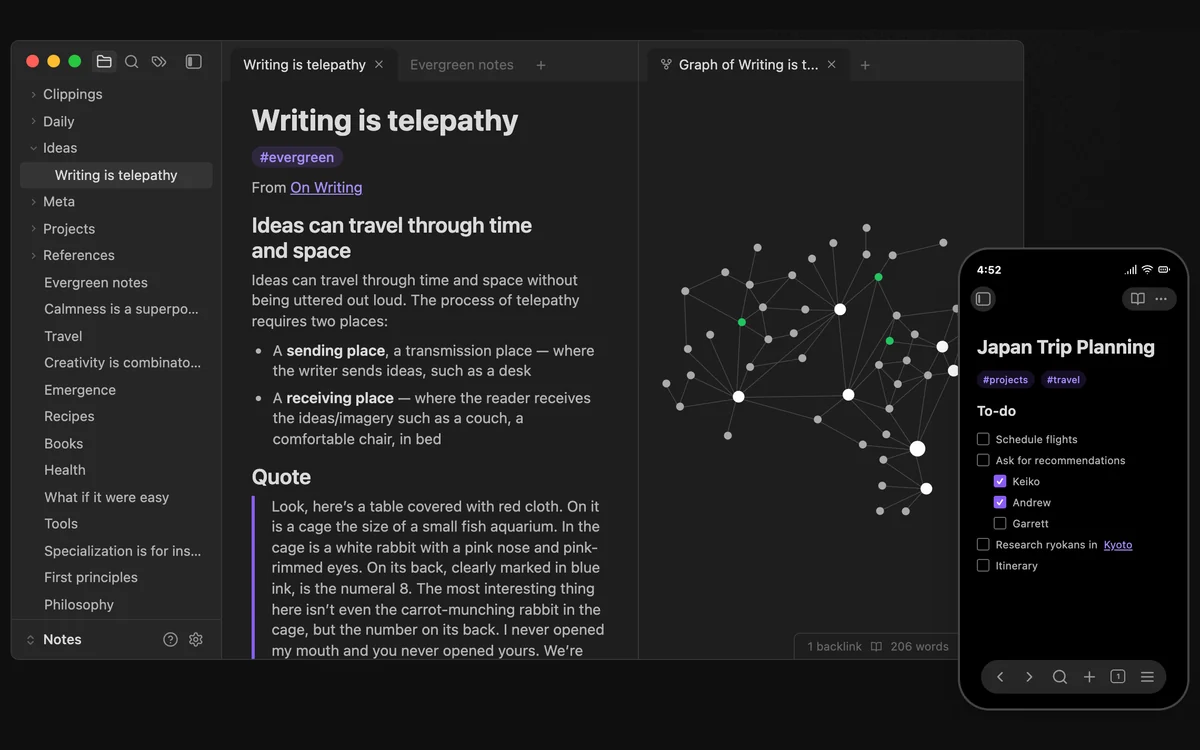 Obsidian's product image from its homepage: the desktop app with a folder list, a note called Writing is telepathy and its graph, beside a phone showing a to-do note.
