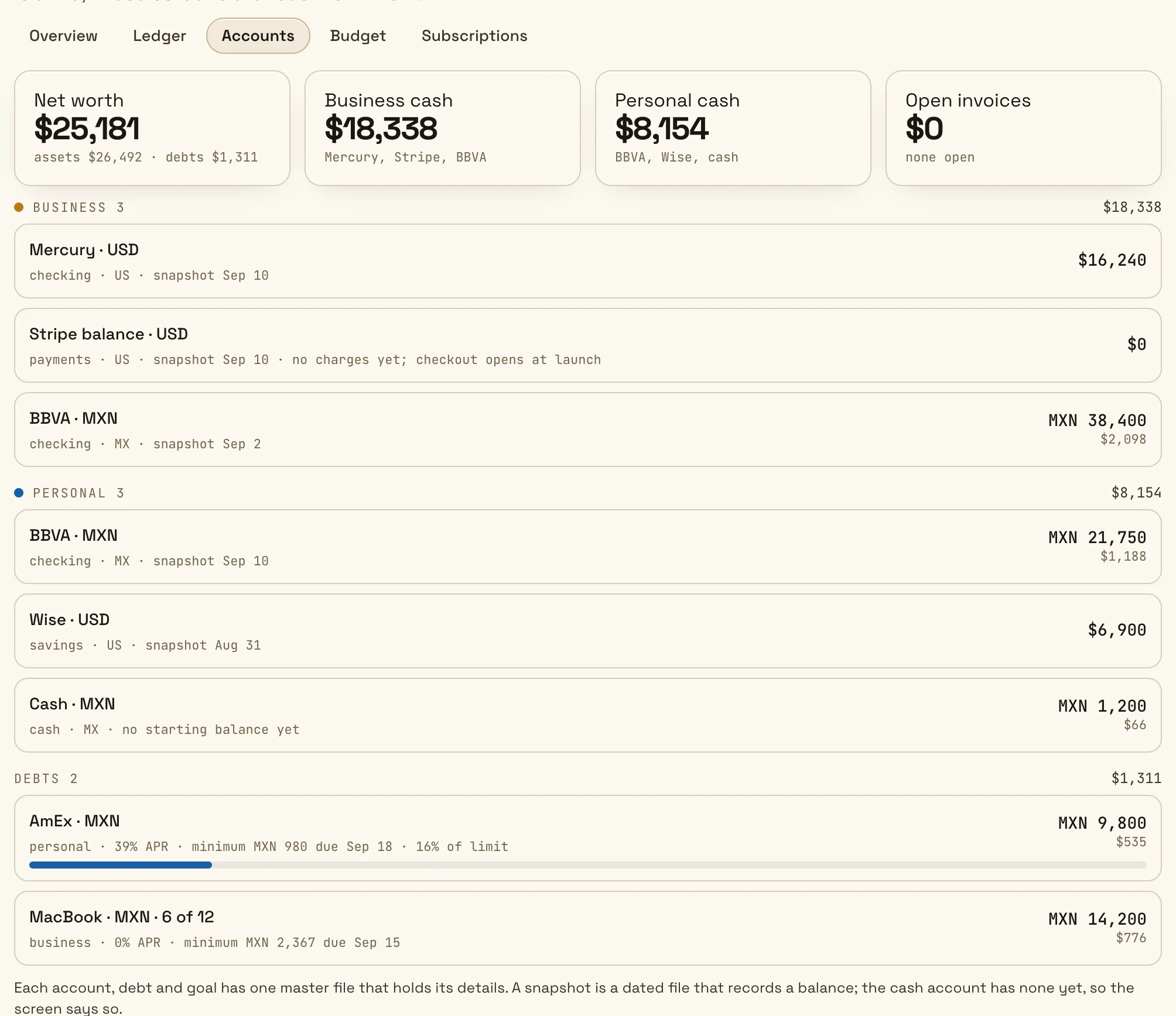 The Accounts tab in the demo: three business accounts, three personal accounts and two debts, each with its latest snapshot. The cash account has no starting balance yet.