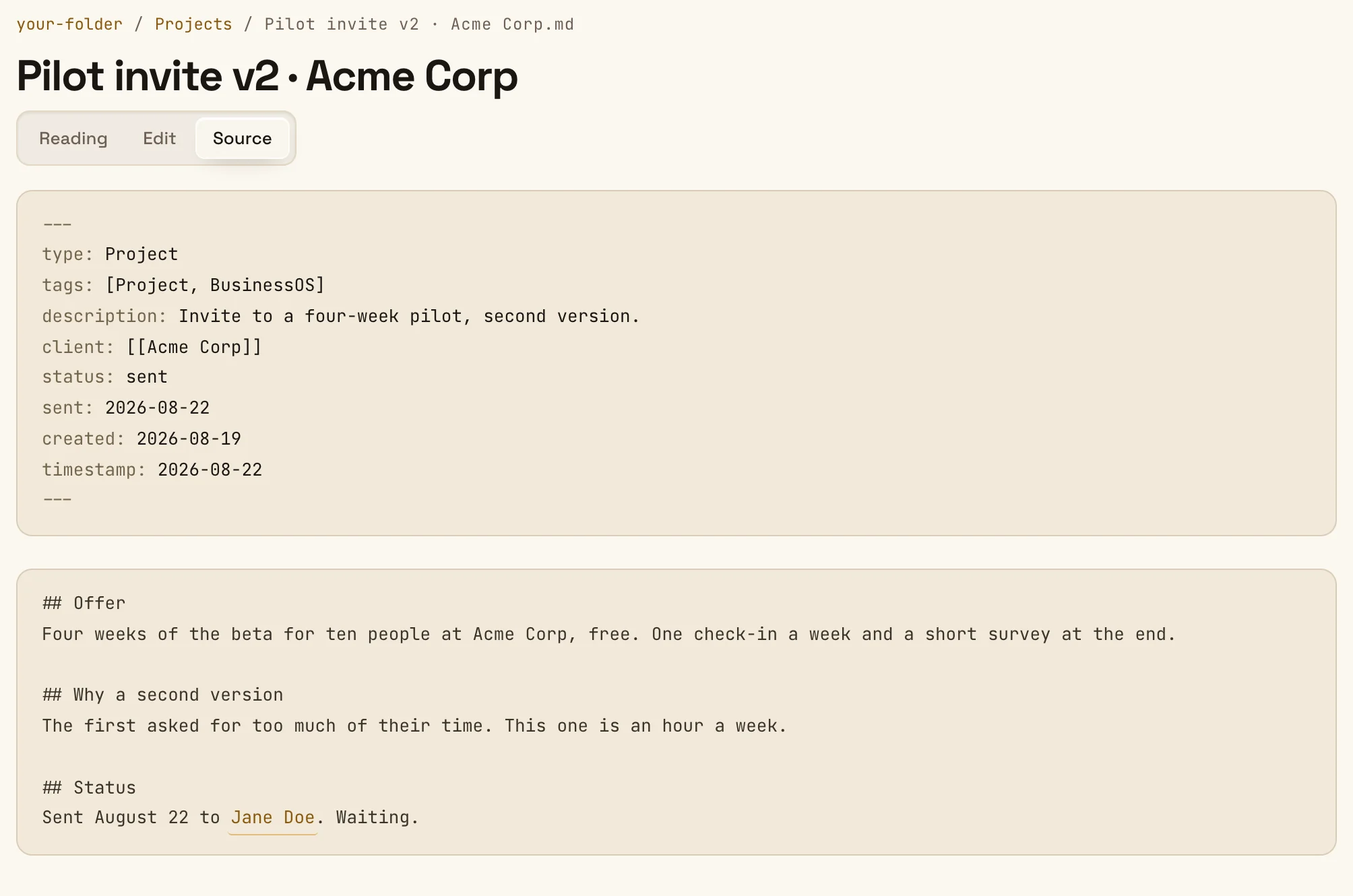 A proposal in the demo shown as its raw file: type Project, tags Project and BusinessOS, a one-line description, the client, status sent and dates, then the offer, the price and the status in plain markdown.